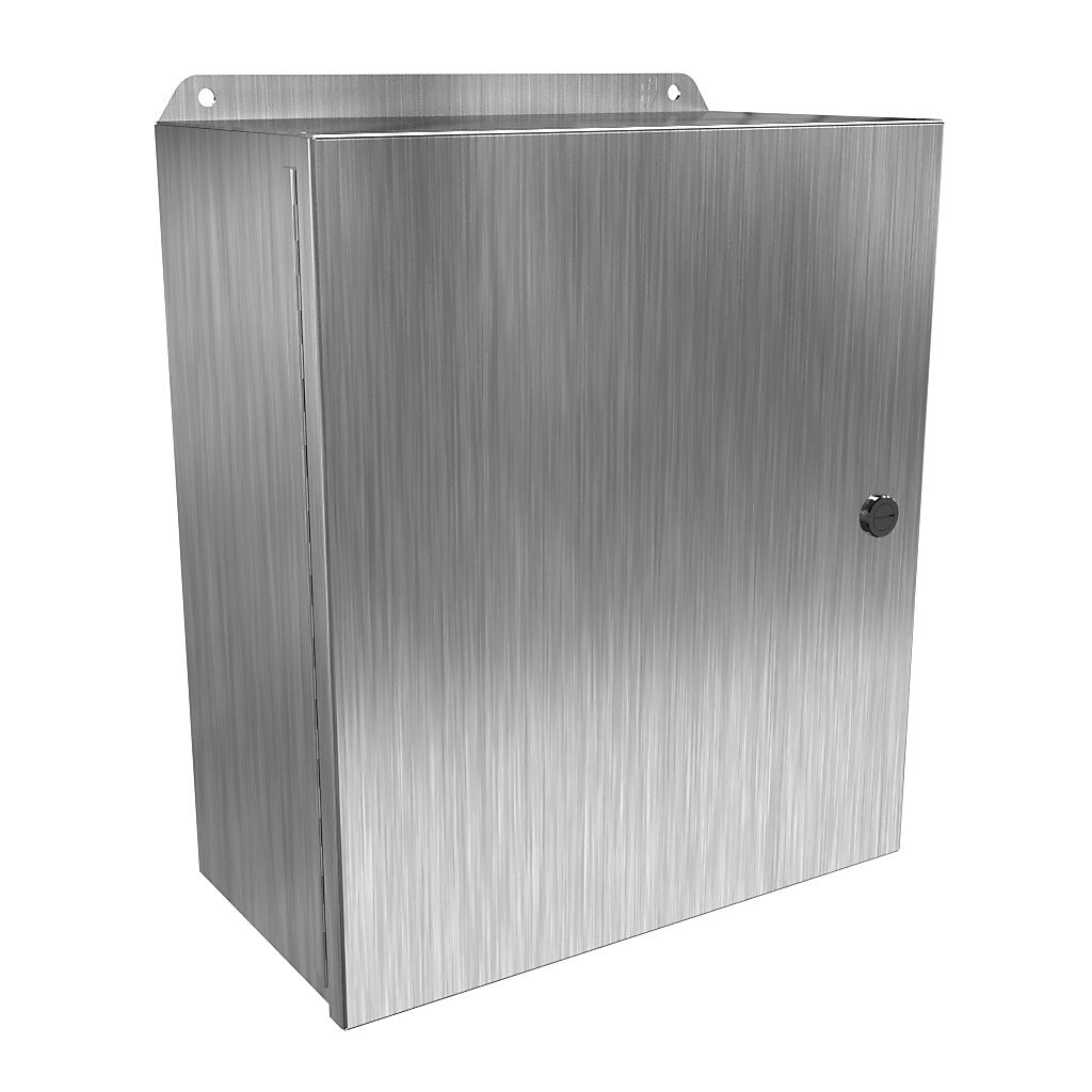 EJ14126SS - Hammond Eclipse Junior series enclosure, NEMA 3R/4/4X/12/13, 14 x 12 x 6in (HxWxD), wall mount, 304 stainless steel, #4 brush finish, single-door, 1/4-turn semi-flush 316 stainless steel latch.