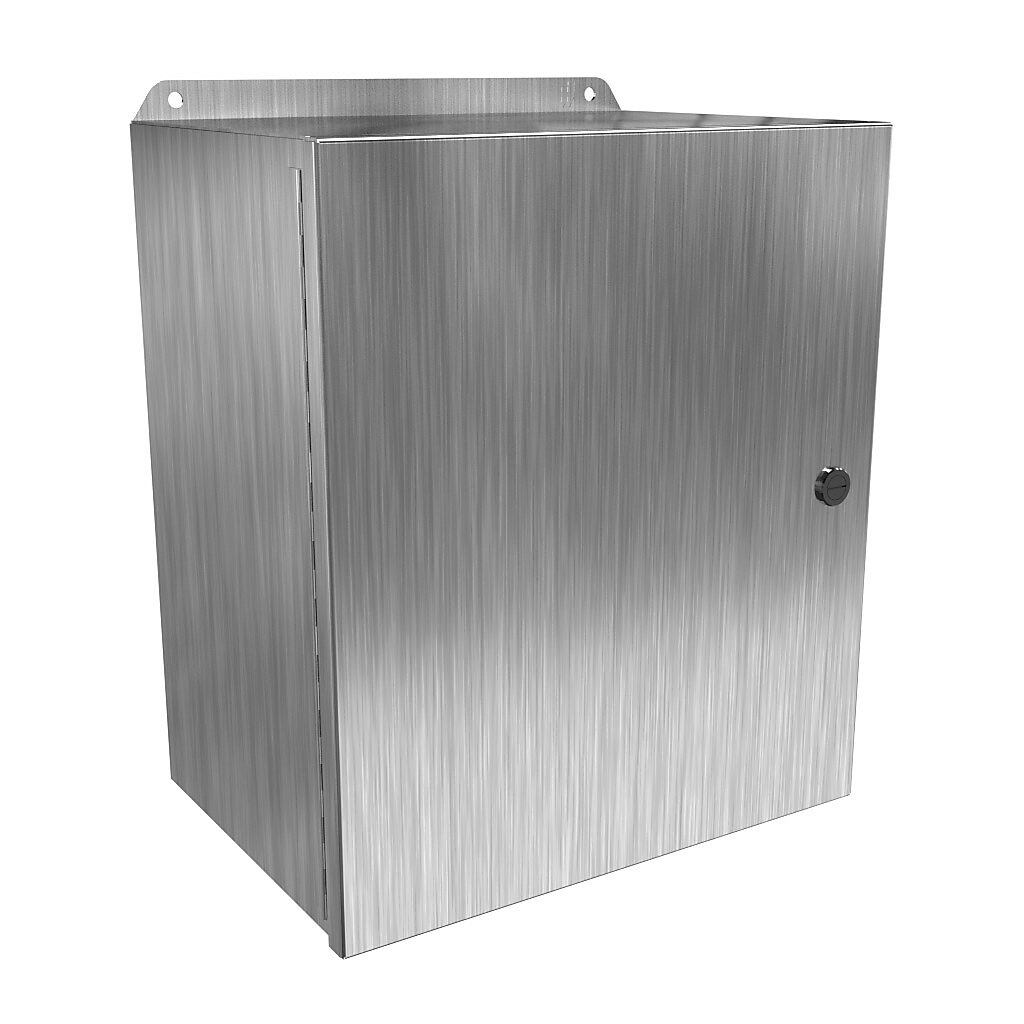 EJ14128SS - Hammond Eclipse Junior series enclosure, NEMA 3R/4/4X/12/13, 14 x 12 x 8in (HxWxD), wall mount, 304 stainless steel, #4 brush finish, single-door, 1/4-turn semi-flush 316 stainless steel latch.