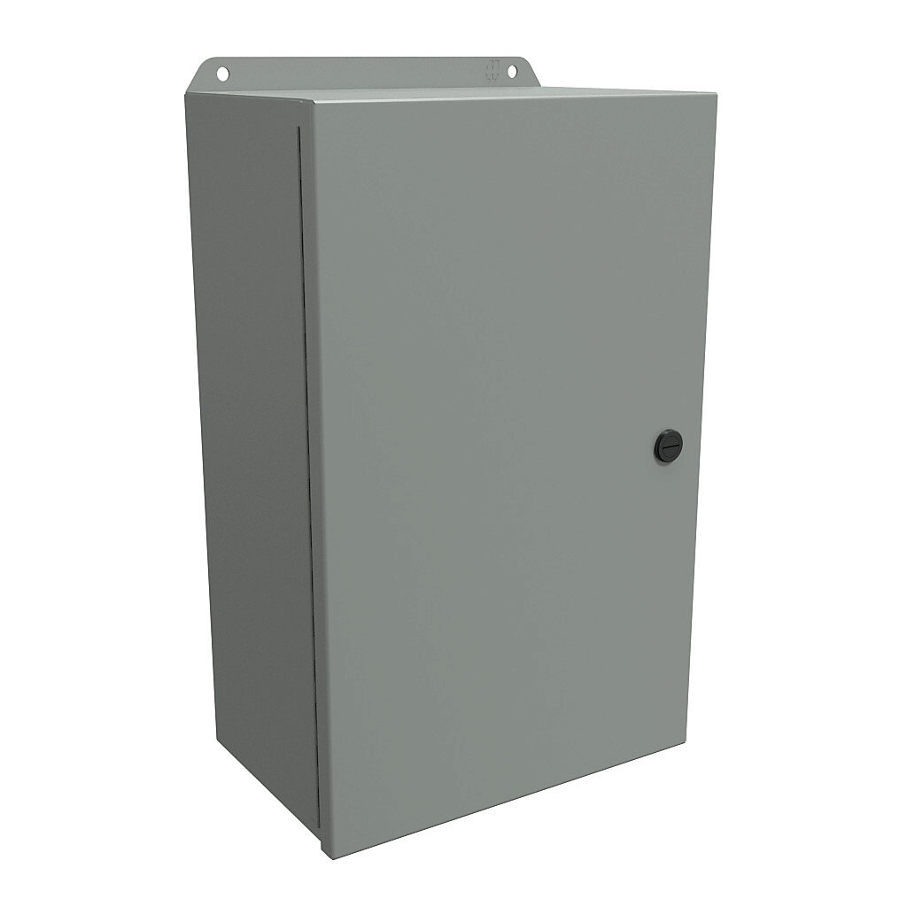EJ16106 - Hammond Eclipse Junior series enclosure, NEMA 3R/4/12/13, 16 x 10 x 6in (HxWxD), wall mount, carbon steel, ANSI 61 gray, powder coat finish, single-door, 1/4-turn semi-flush latch.