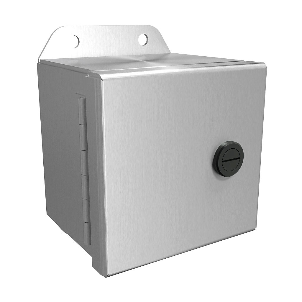 EJ443AL - Hammond Eclipse Junior series enclosure, NEMA 3R/4/4X/12/13, 4 x 4 x 3in (HxWxD), wall mount, 5052-H32 aluminum, natural finish, single-door, 1/4-turn semi-flush 316 stainless steel latch.