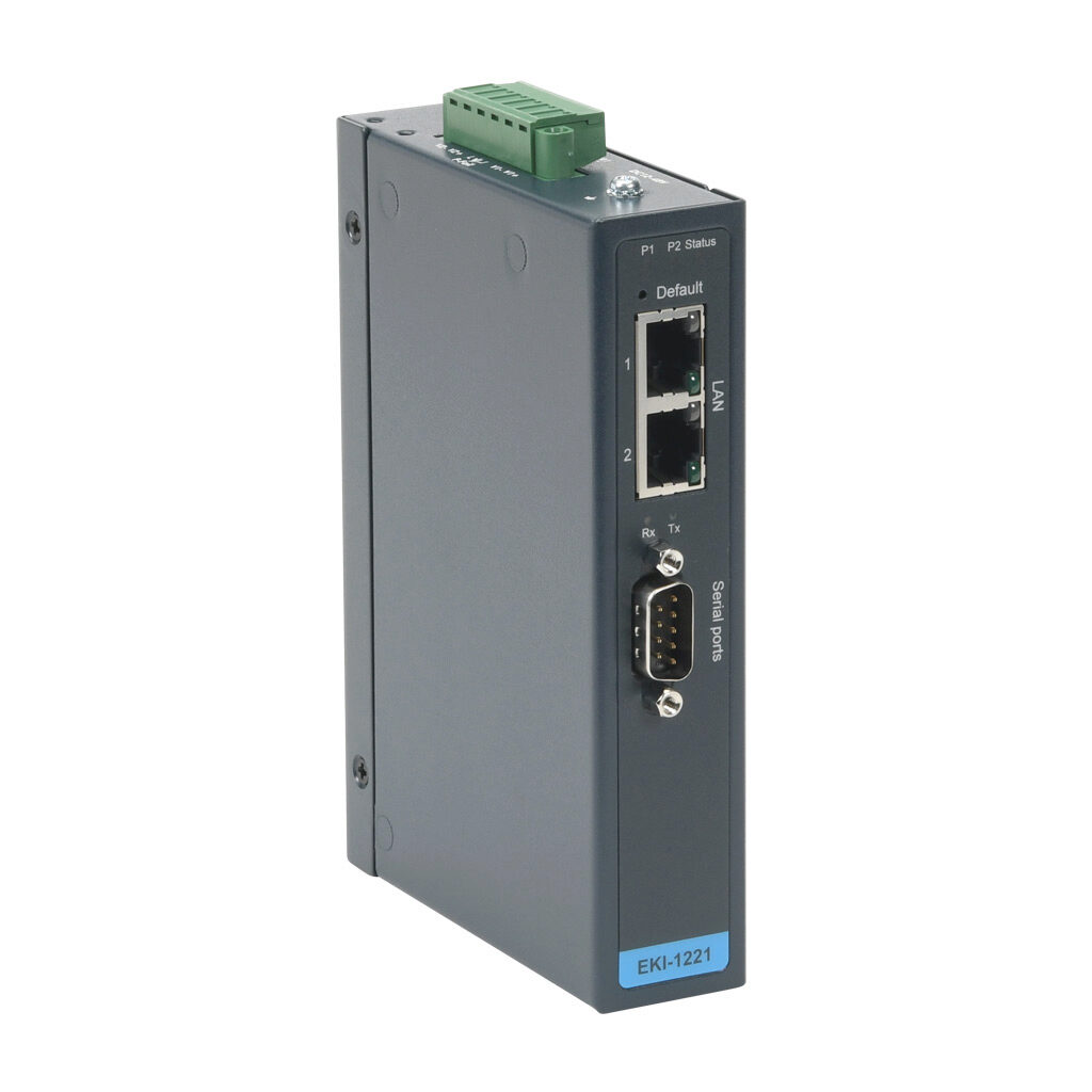 EKI-1221-CE - Advantech Modbus gateway, serial Master/Slave and Ethernet Client/Server, (2) Ethernet 10/100Base-T (RJ45) and (1) RS-232/422/485 (9-pin D-sub male) port(s), (64) simultaneous Ethernet connections, (32) serial device(s), 12-48 VDC re...
