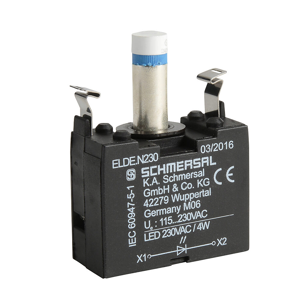 ELDE.NBL230 - Schmersal light terminal block, integrated LED, 115-230 VAC, blue, 4W @ 230 VAC. For use with N series illuminated pushbuttons and lights.