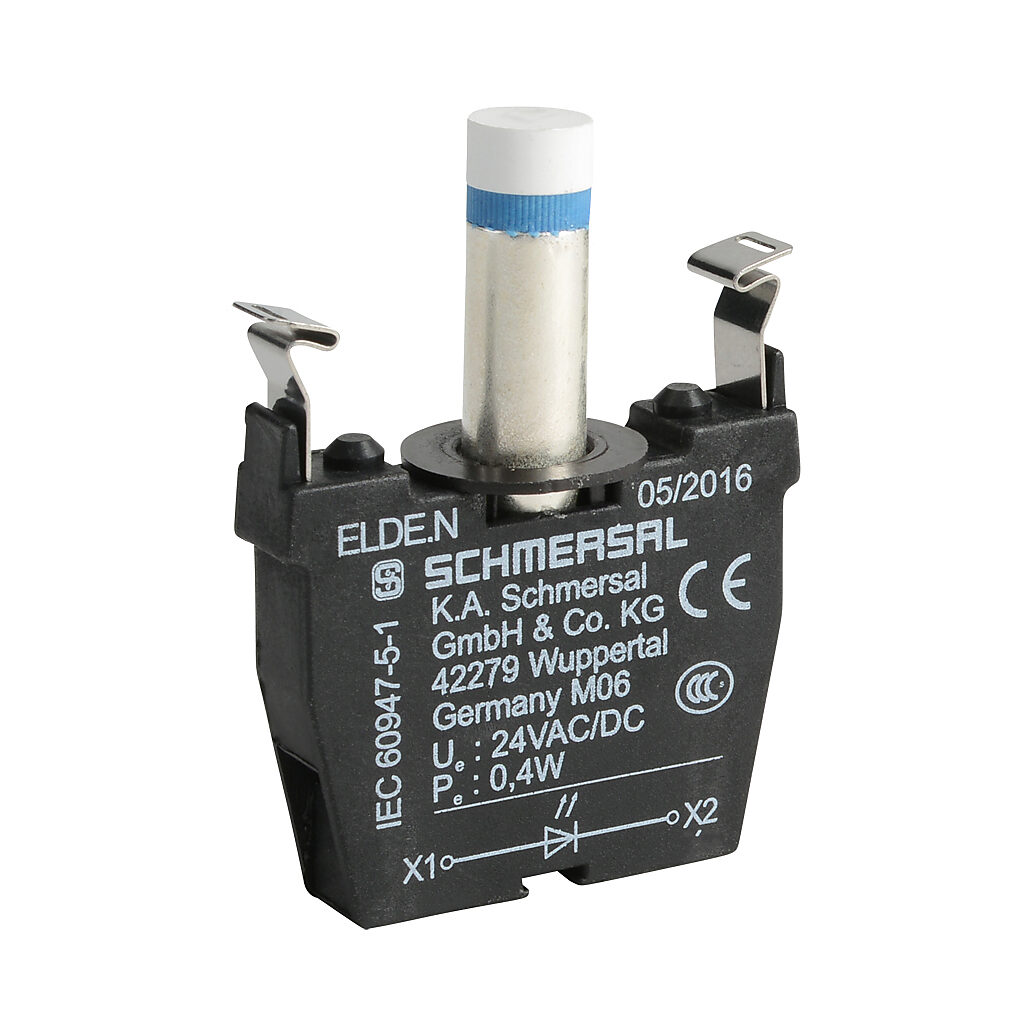ELDE.NBL24 - Schmersal light terminal block, integrated LED, 24 VAC/VDC, blue, 0.4W. For use with N series illuminated pushbuttons and lights.