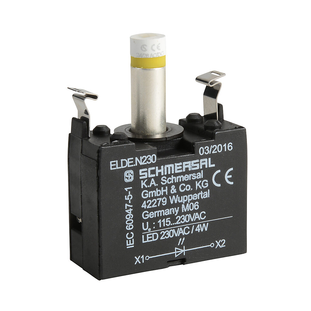 ELDE.NGB230 - Schmersal light terminal block, integrated LED, 115-230 VAC, yellow, 4W @ 230 VAC. For use with N series illuminated pushbuttons and lights.