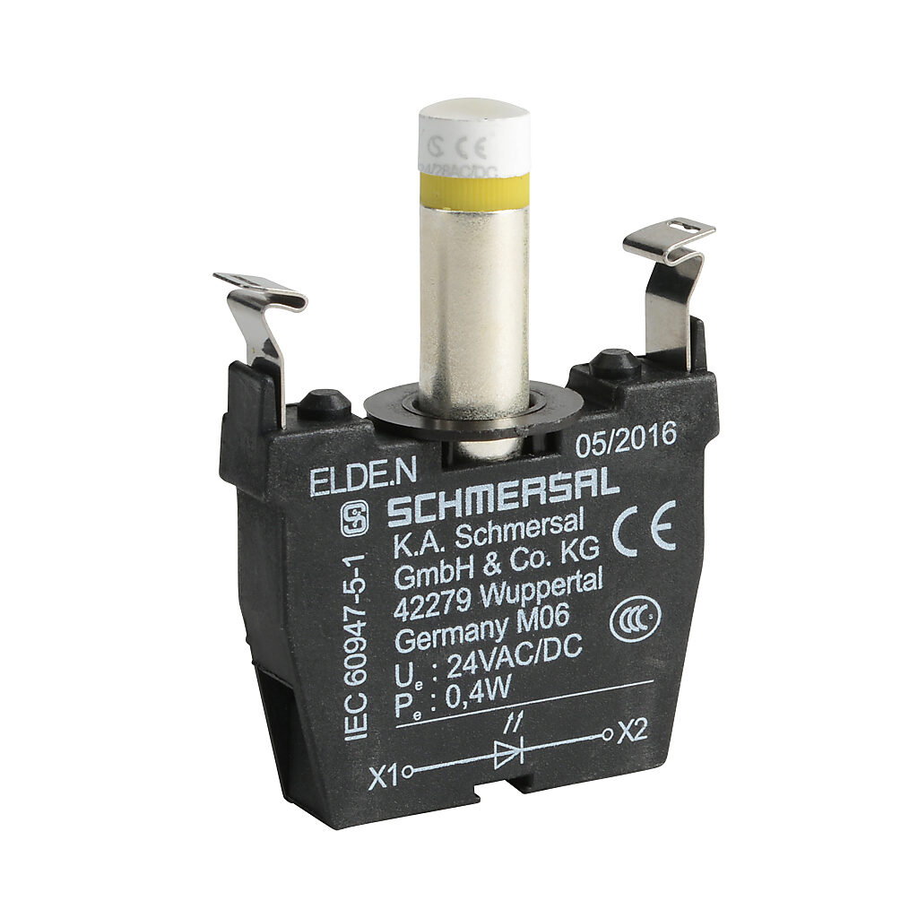 ELDE.NGB24 - Schmersal light terminal block, integrated LED, 24 VAC/VDC, yellow, 0.4W. For use with N series illuminated pushbuttons and lights.