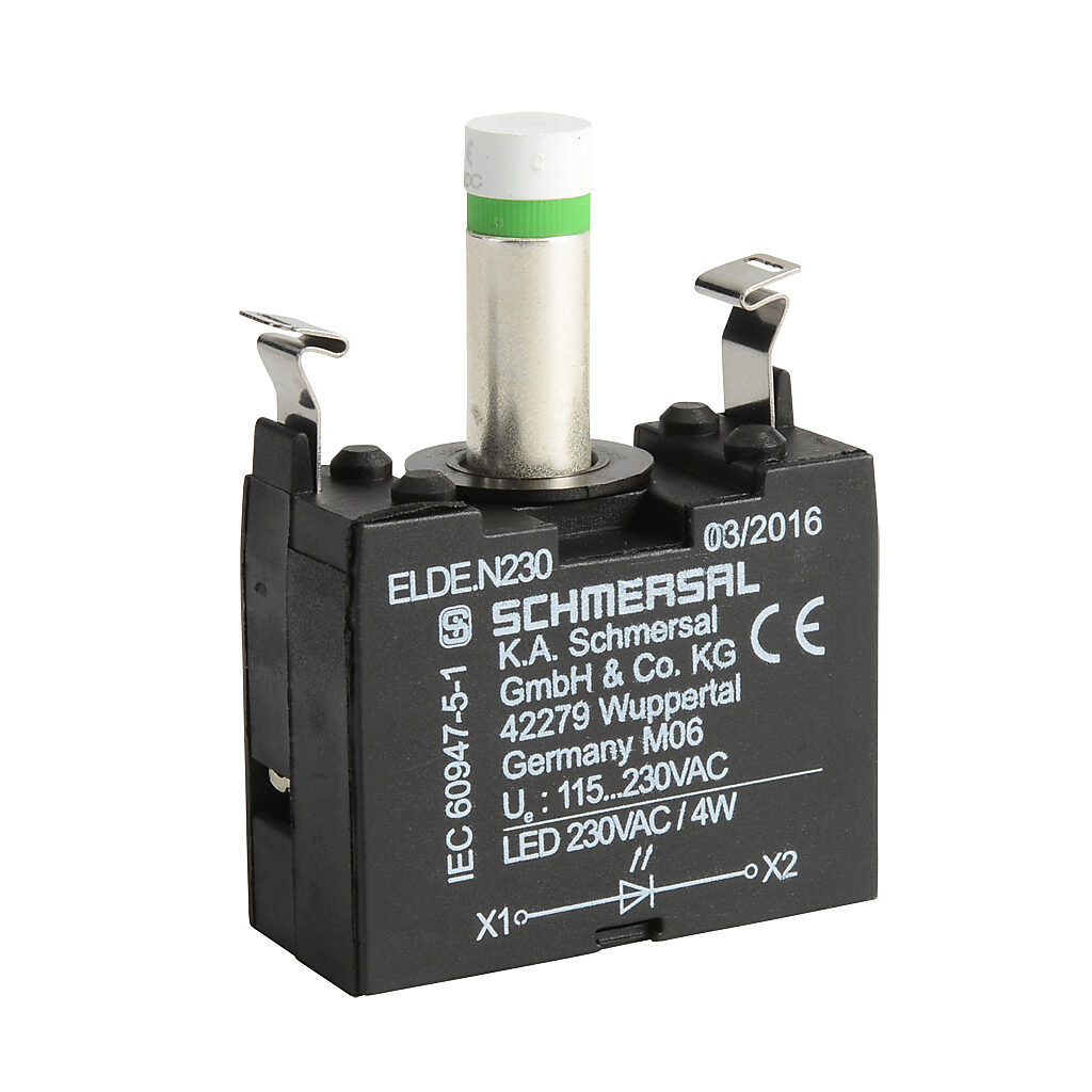 ELDE.NGN230 - Schmersal light terminal block, integrated LED, 115-230 VAC, green, 4W @ 230 VAC. For use with N series illuminated pushbuttons and lights.