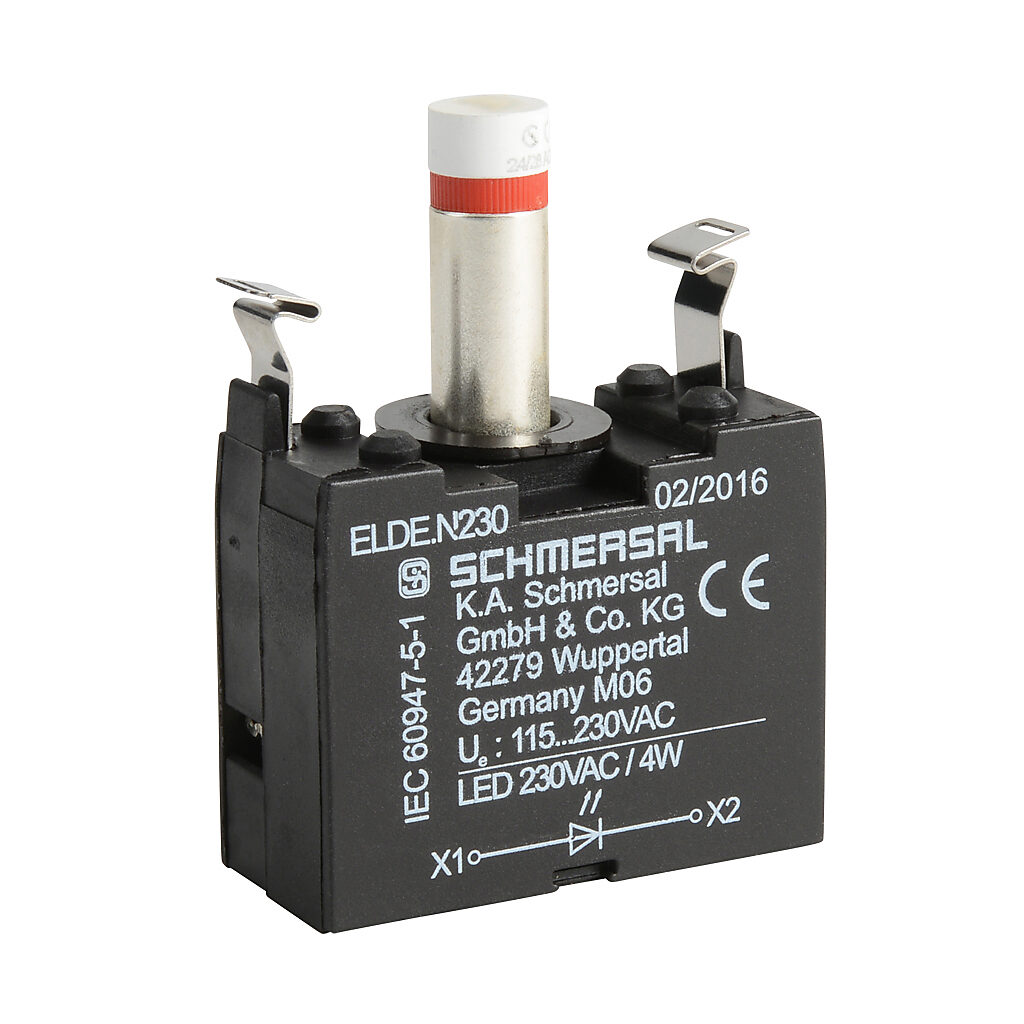 ELDE.NRT230 - Schmersal light terminal block, integrated LED, 115-230 VAC, red, 4W @ 230 VAC. For use with N series illuminated pushbuttons and lights.