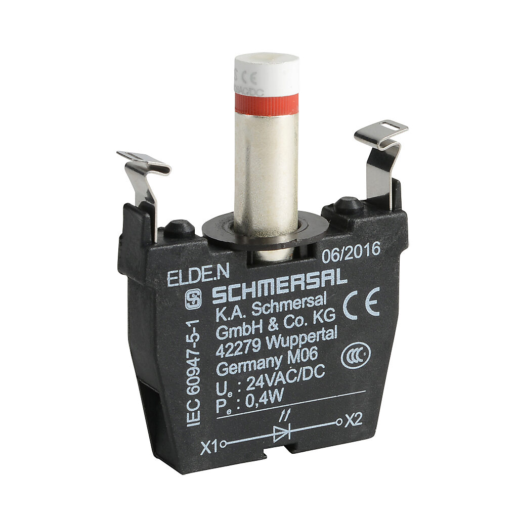 ELDE.NRT24 - Schmersal light terminal block, integrated LED, 24 VAC/VDC, red, 0.4W. For use with N series illuminated pushbuttons and lights.