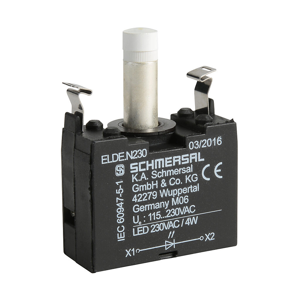 ELDE.NWS230 - Schmersal light terminal block, integrated LED, 115-230 VAC, white, 4W @ 230 VAC. For use with N series illuminated pushbuttons and lights.