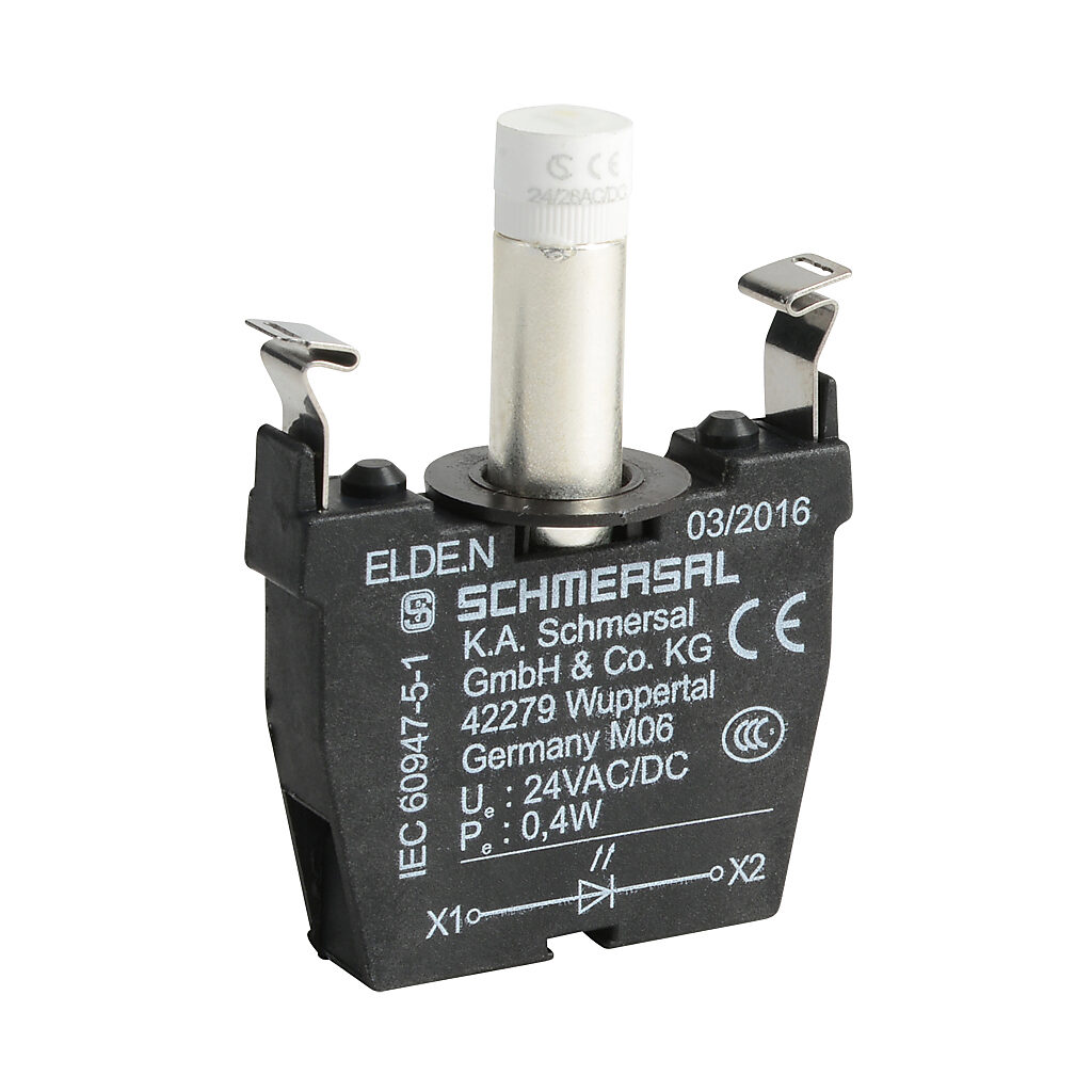 ELDE.NWS24 - Schmersal light terminal block, integrated LED, 24 VAC/VDC, white, 0.4W. For use with N series illuminated pushbuttons and lights.