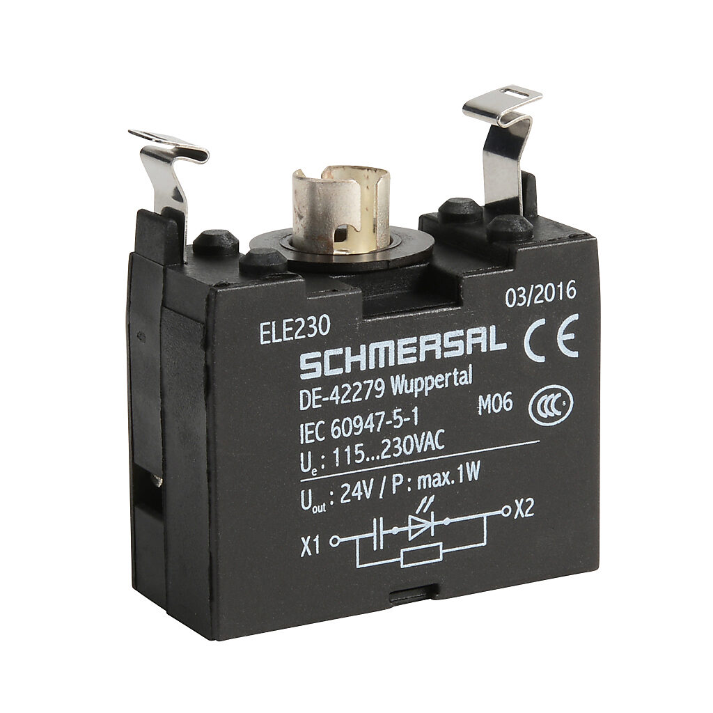 ELE230 - Schmersal light terminal block, 115-230 VAC, BA9s bayonet. For use with N series illuminated pushbuttons and lights. Requires LED.