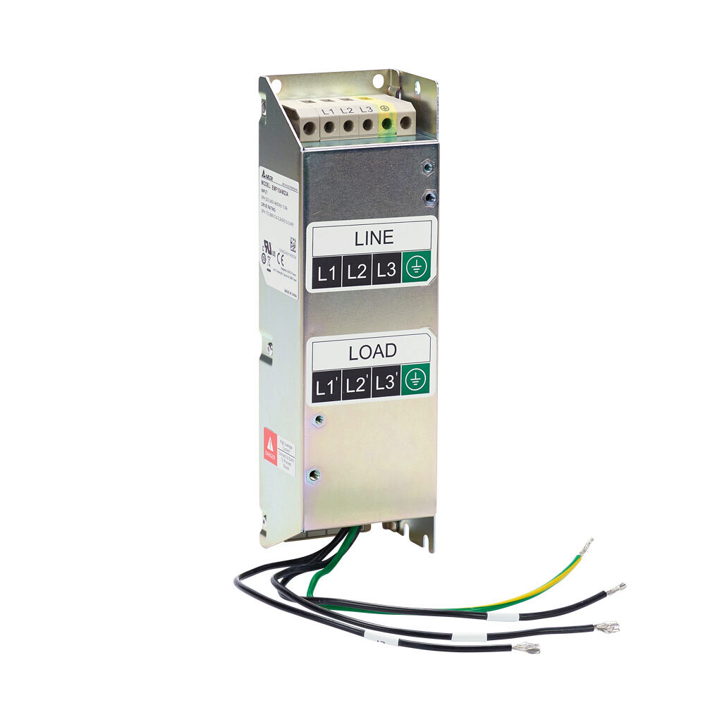 EMF10AM23A - AutomationDirect EMI input filter, 240 VAC, 3-phase, 10A, panel mount, EMI/RFI filtering, drive rated, standard performance, screw terminals and ring terminals. For use with 3-phase GS10, GS20, GS20X and GS30 series AC drives.