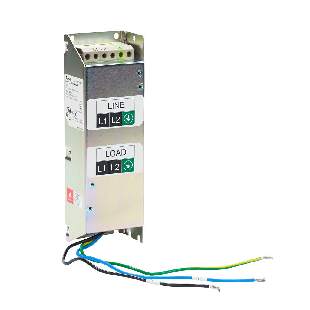 EMF11AM21A - AutomationDirect EMI input filter, 240 VAC, 1-phase, 11A, panel mount, EMI/RFI filtering, drive rated, standard performance, screw terminals and ring terminals. For use with 1-phase GS10, GS20, GS20X and GS30 series AC drives.