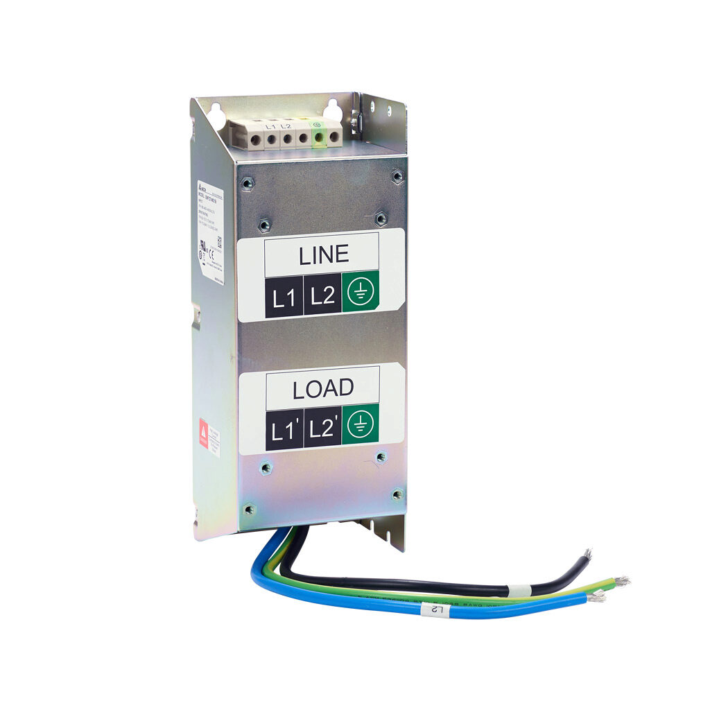 EMF27AM21B - AutomationDirect EMI input filter, 240 VAC, 1-phase, 27A, panel mount, EMI/RFI filtering, drive rated, standard performance, screw terminals and ring terminals. For use with 1-phase GS10, GS20, GS20X and GS30 series AC drives.