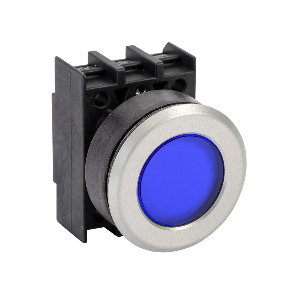 EML.VBL - Schmersal illuminated indicating light, permanent light function, IP65, 30mm, blue, 34.5mm, round, plastic base, metal bezel. Requires light block and LED or incandescent bulb.