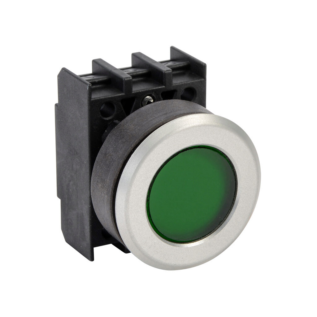 EML.VGN - Schmersal illuminated indicating light, permanent light function, IP65, 30mm, green, 34.5mm, round, plastic base, metal bezel. Requires light block and LED or incandescent bulb.