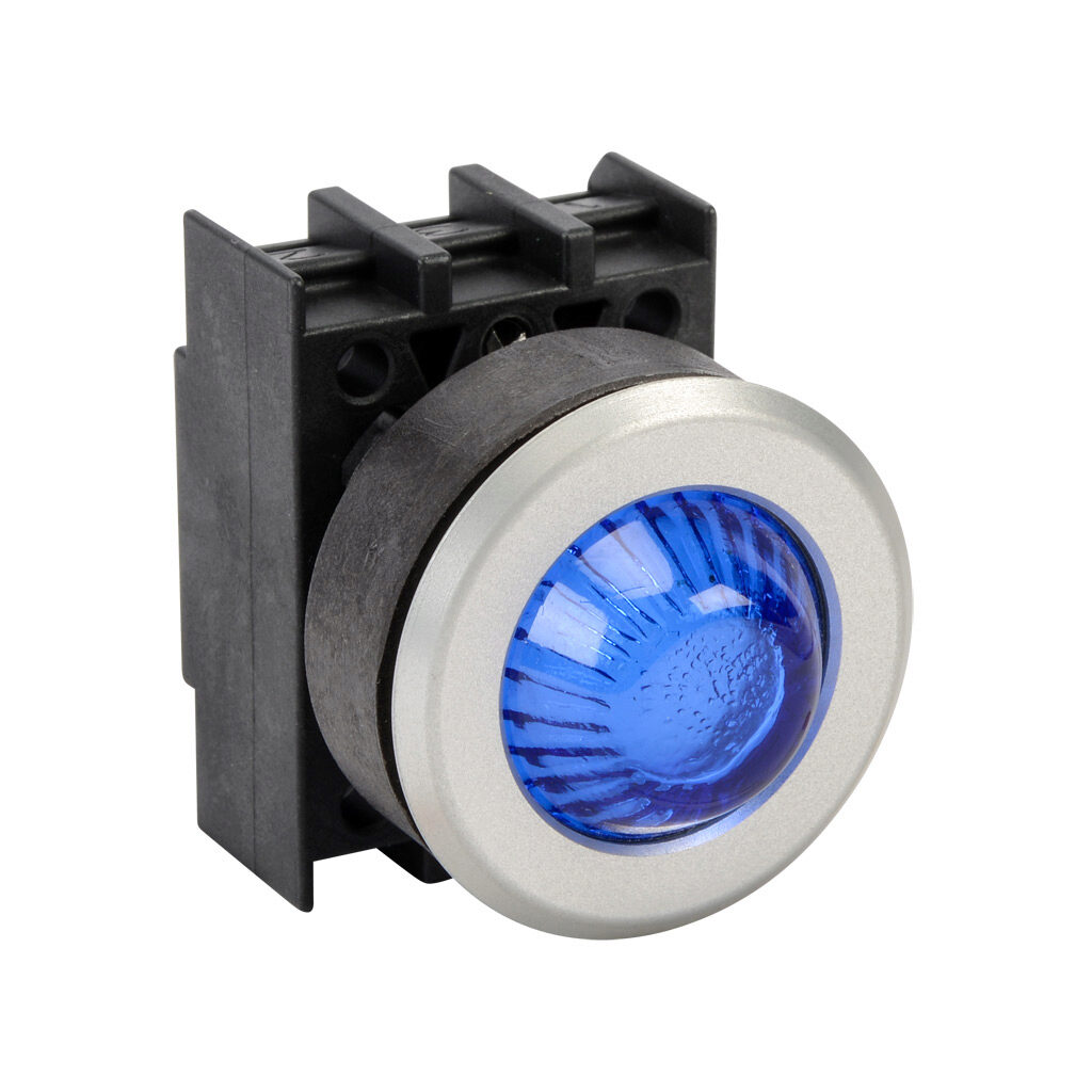 EMLH.VBL - Schmersal illuminated indicating light, permanent light function, IP65, 30mm, blue, 34.5mm, dome, plastic base, metal bezel. Requires light block and LED or incandescent bulb.