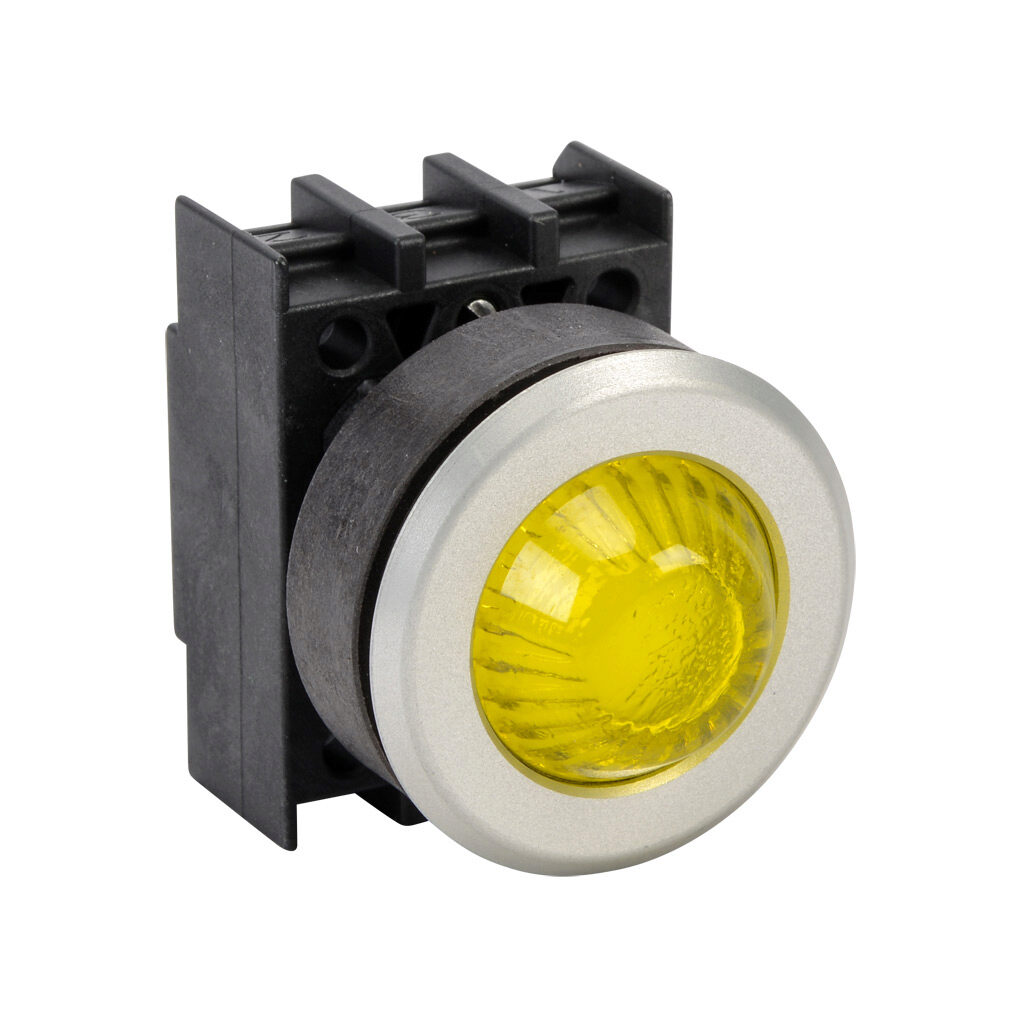 EMLH.VGB - Schmersal illuminated indicating light, permanent light function, IP65, 30mm, yellow, 34.5mm, dome, plastic base, metal bezel. Requires light block and LED or incandescent bulb.