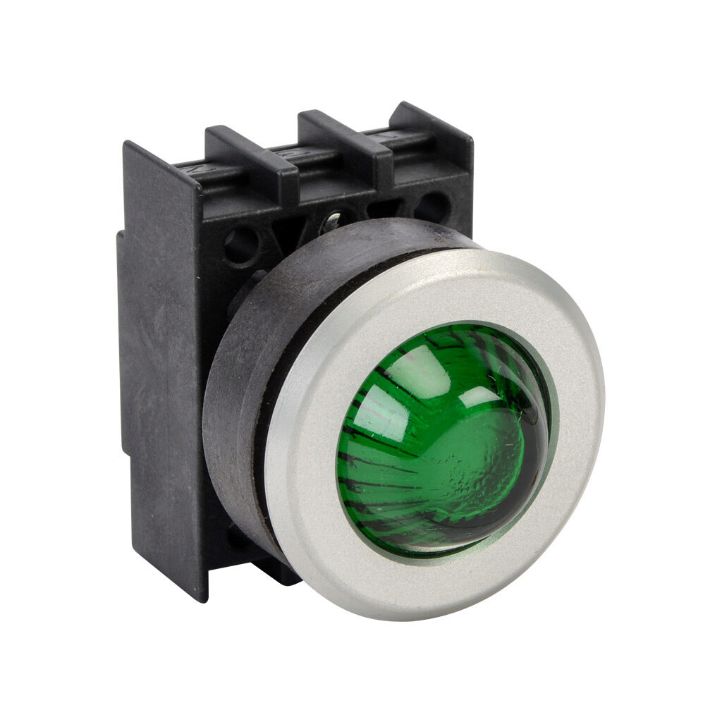 EMLH.VGN - Schmersal illuminated indicating light, permanent light function, IP65, 30mm, green, 34.5mm, dome, plastic base, metal bezel. Requires light block and LED or incandescent bulb.