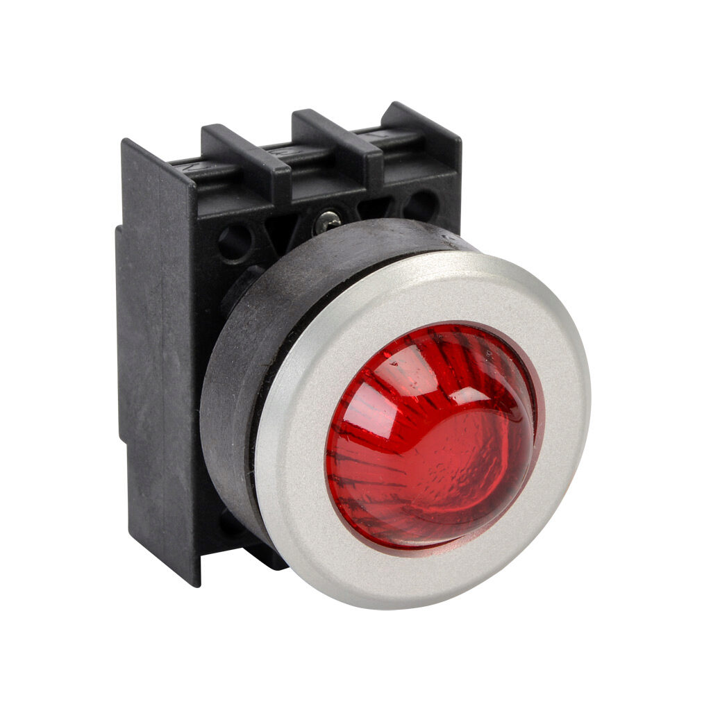 EMLH.VRT - Schmersal illuminated indicating light, permanent light function, IP65, 30mm, red, 34.5mm, dome, plastic base, metal bezel. Requires light block and LED or incandescent bulb.