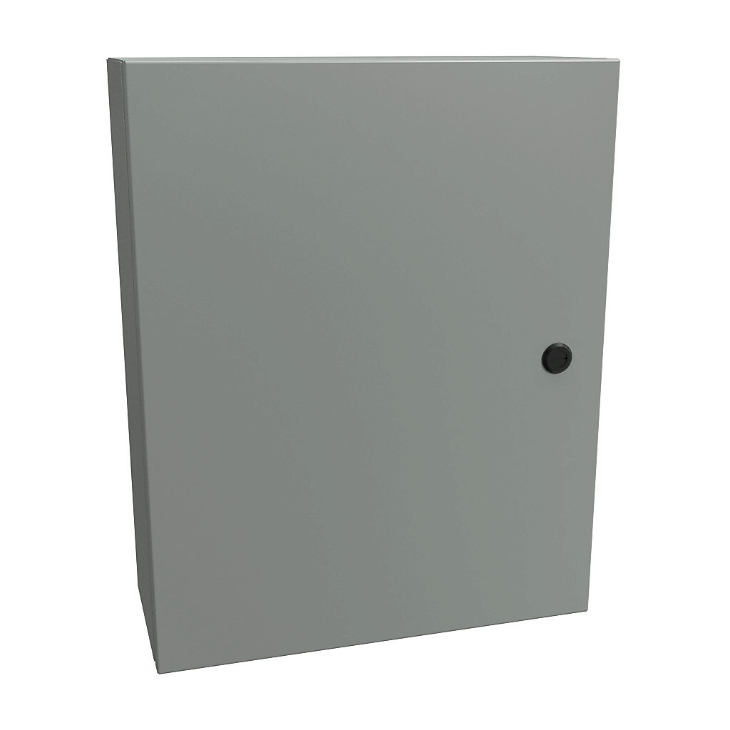 EN4SD20166GY - Hammond Eclipse series enclosure, NEMA 3R/4/12, 20 x 16 x 6in (HxWxD), wall mount, carbon steel, ANSI 61 gray, powder coat finish, single-door, 1/4-turn semi-flush latch.