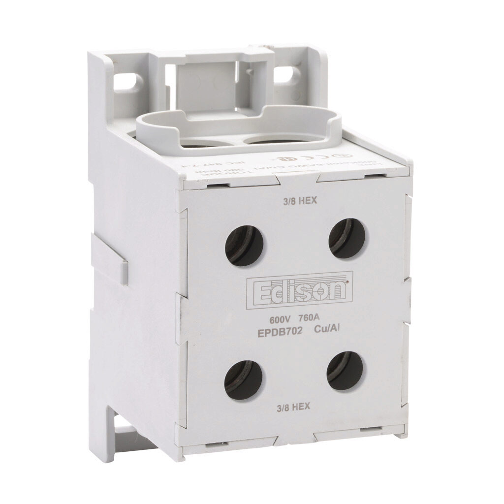 EPDB702 - Edison enclosed power distribution block, finger-safe, 760A, 1-pole, line side: 2 openings accept 500 MCM to 6 AWG, load side: 2 openings accept 500 MCM to 6 AWG, panel mount, UL 1953 listed.