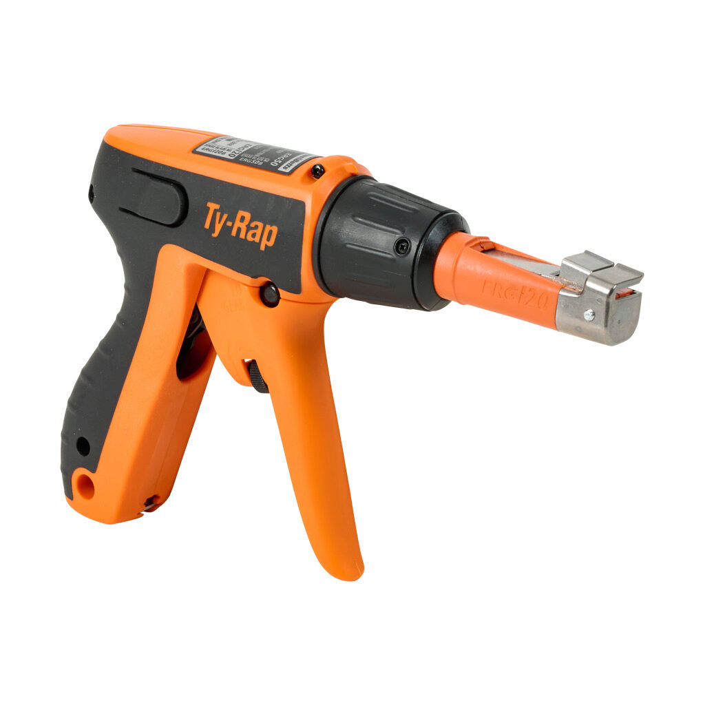 ERG120 - ABB - Thomas & Betts cable tie hand tool, 50-120lb adjustable tension range, 0.19-0.30in (4.8-7.6mm) cable tie width size range, metal and plastic, orange and black.
