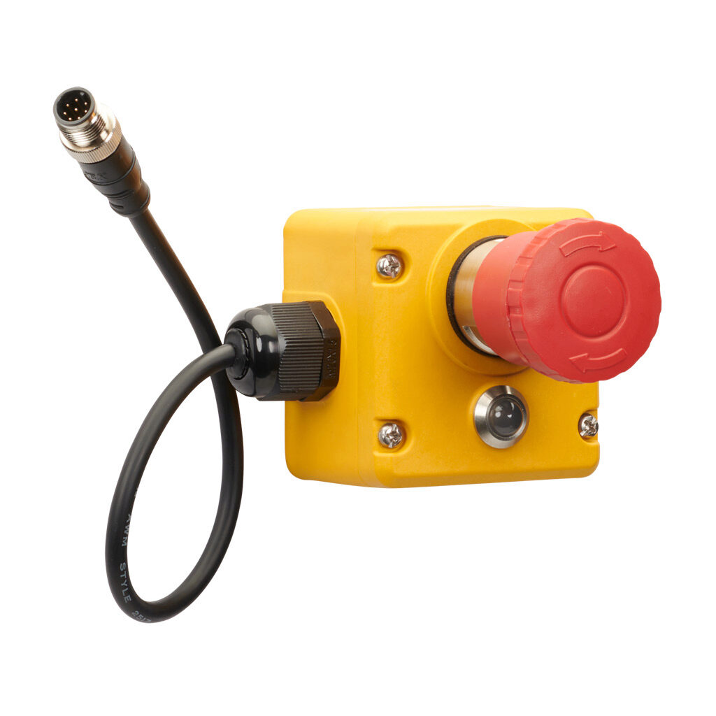 ES-P-230300-Z - IDEM Z-Range emergency stop control station, plastic, single pushbutton, mushroom, red, 24 VDC LED, red/green, twist-to-release, (1) pair OSSD safety output(s), 8-pin M12 quick-disconnect, left exit.