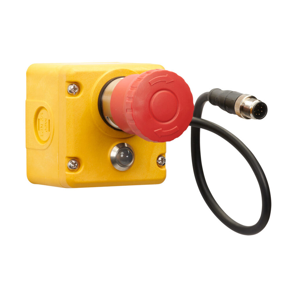 ES-P-230301-Z - IDEM Z-Range emergency stop control station, plastic, single pushbutton, mushroom, red, 24 VDC LED, red/green, twist-to-release, (1) pair OSSD safety output(s), 8-pin M12 quick-disconnect, right exit.