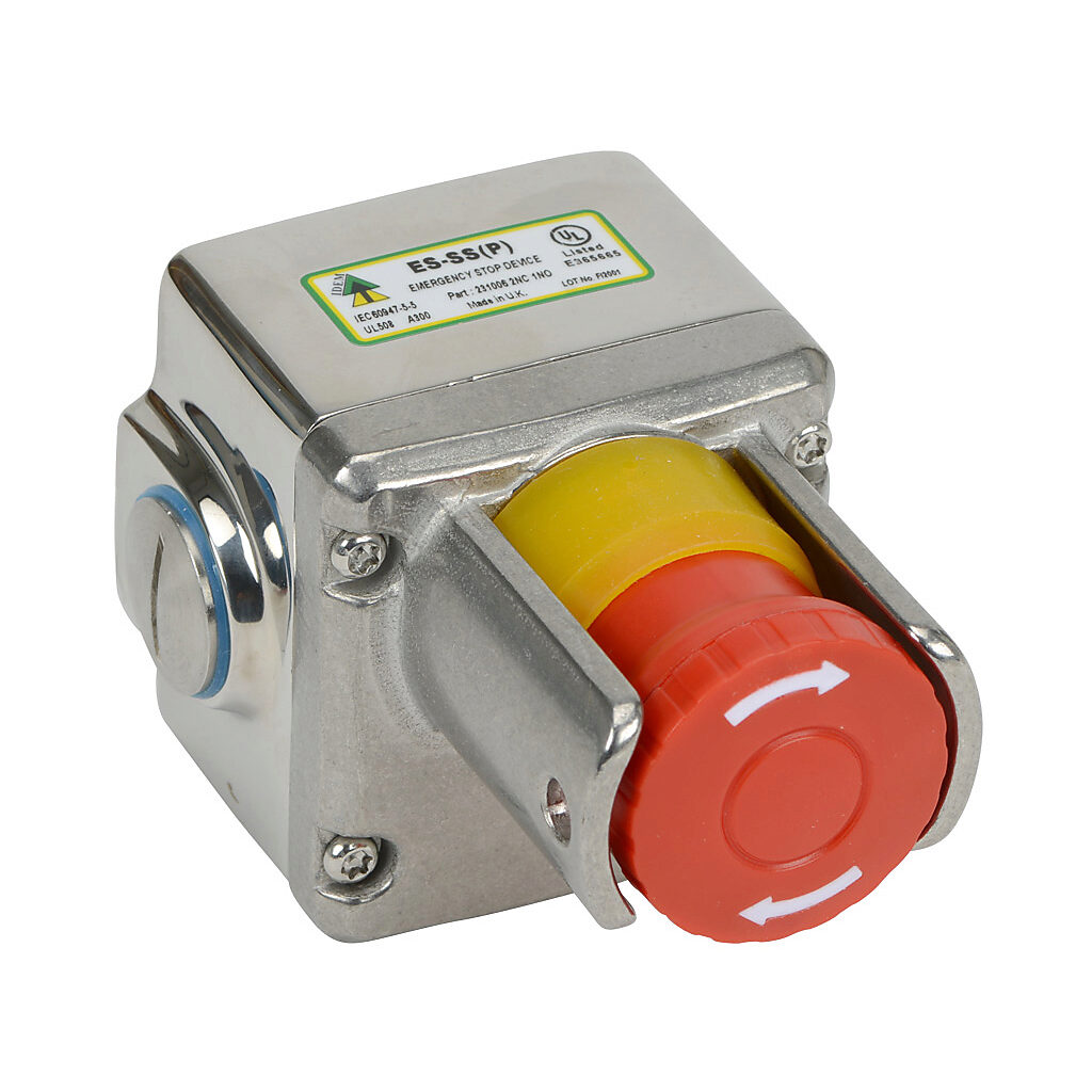 ES-SSP-231006 - IDEM emergency stop control station, 316 stainless steel, (1) pushbutton, mushroom, red, twist-to-release, guarded and padlockable, (1) N.O./(2) N.C. contact(s).