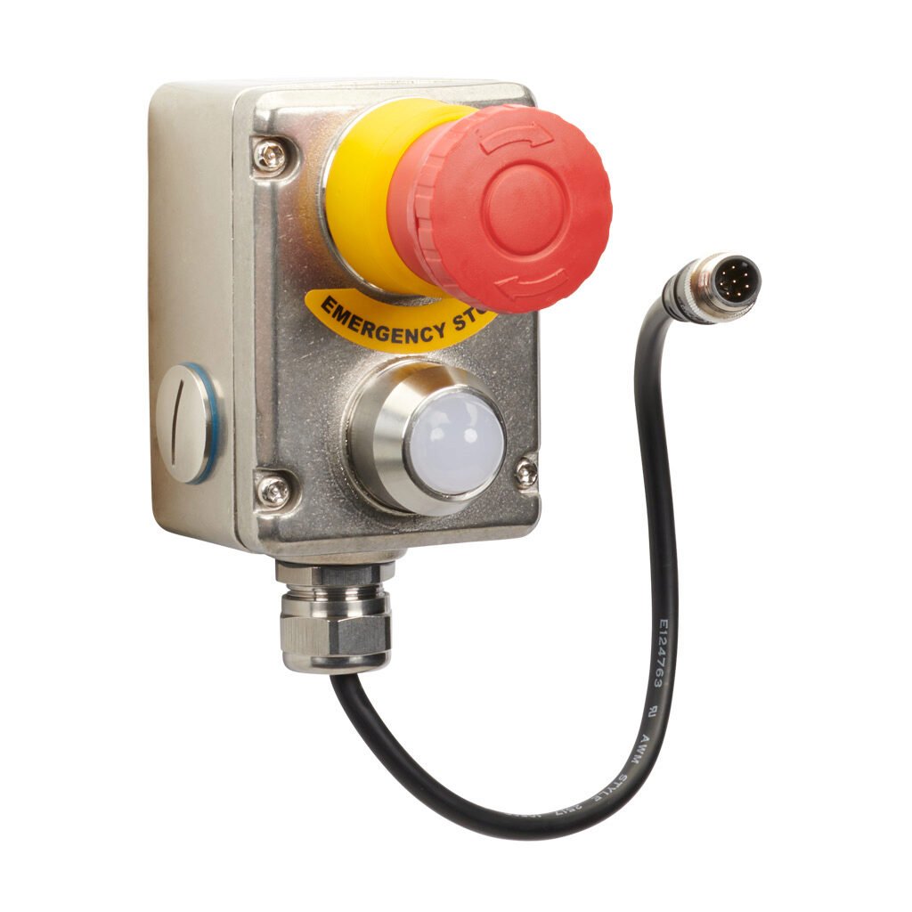 ESL-SS-L-232300-Z - IDEM Z-Range emergency stop control station, 316 stainless steel, single pushbutton, mushroom, red, 24 VDC LED, red/green, twist-to-release, (1) pair OSSD safety output(s), 8-pin M12 quick-disconnect.