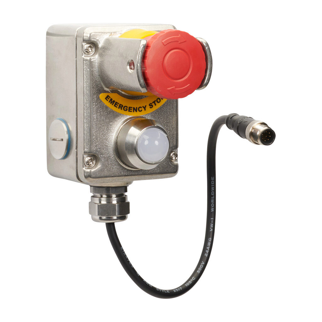 ESL-SS-LP-232301-Z - IDEM Z-Range emergency stop control station, 316 stainless steel, single pushbutton, mushroom, red, 24 VDC LED, red/green, twist-to-release, guarded, (1) pair OSSD safety output(s), 8-pin M12 quick-disconnect.