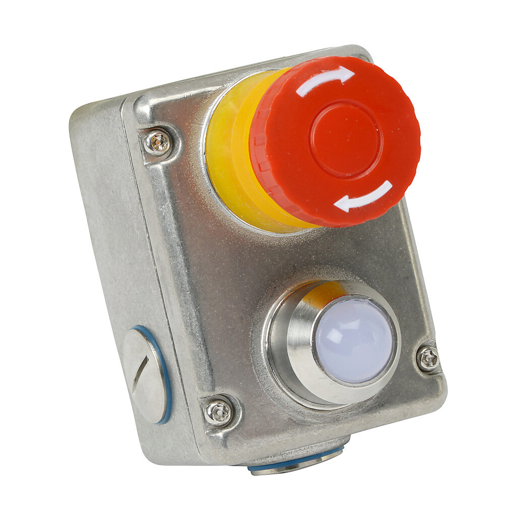ESL-SSL-232018-AS - IDEM emergency stop control station, 316 stainless steel, (1) pushbutton, mushroom, red, 24 VDC LED, red/green, twist-to-release, (2) N.O./(2) N.C. contact(s).