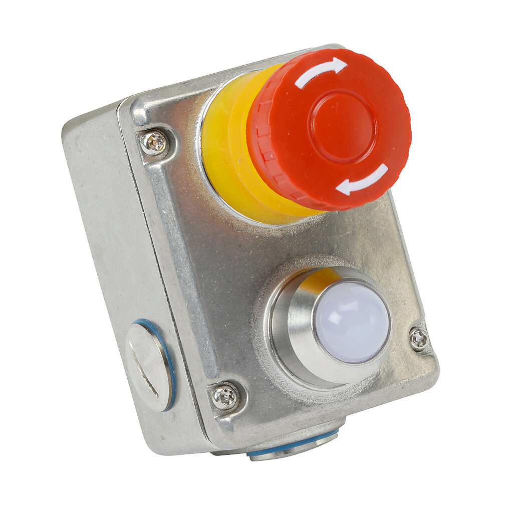 ESL-SSL-232018-BS - IDEM emergency stop control station, 316 stainless steel, (1) pushbutton, mushroom, red, 110 VAC LED, red/green, twist-to-release, (2) N.O./(2) N.C. contact(s).