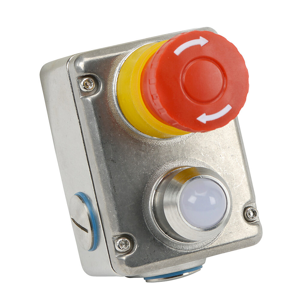 ESL-SSL-232020-BS - IDEM emergency stop control station, 316 stainless steel, (1) pushbutton, mushroom, red, 110 VAC LED, red/green, twist-to-release, (1) N.O./(3) N.C. contact(s).