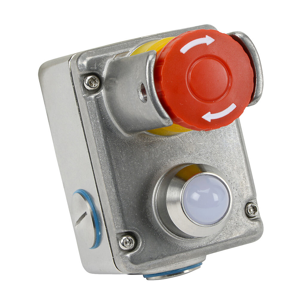 ESL-SSLP-232024-AS - IDEM emergency stop control station, 316 stainless steel, (1) pushbutton, mushroom, red, 24 VDC LED, red/green, twist-to-release, guarded and padlockable, (2) N.O./(2) N.C. contact(s).