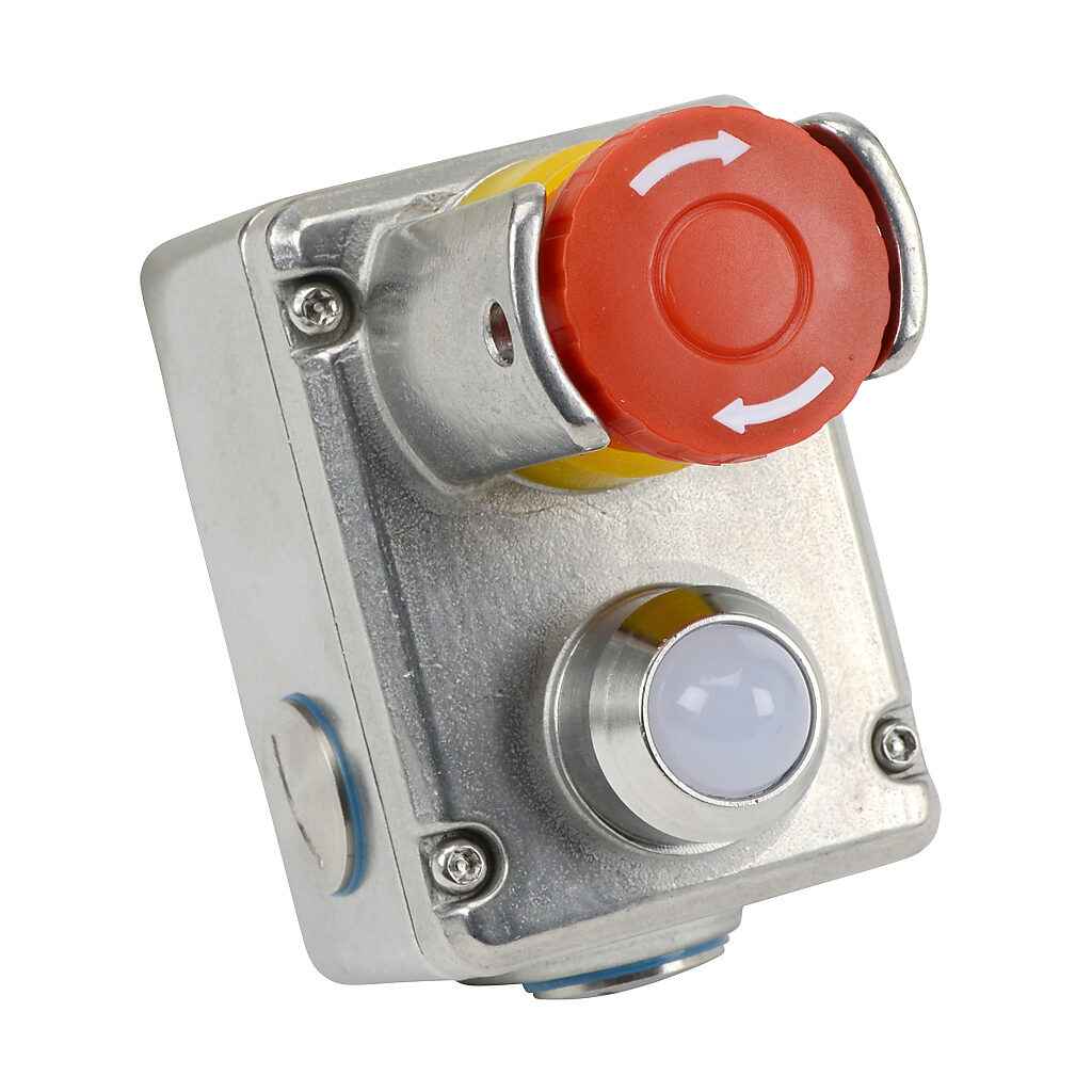 ESL-SSLP-232024-BS - IDEM emergency stop control station, 316 stainless steel, (1) pushbutton, mushroom, red, 110 VAC LED, red/green, twist-to-release, guarded and padlockable, (2) N.O./(2) N.C. contact(s).