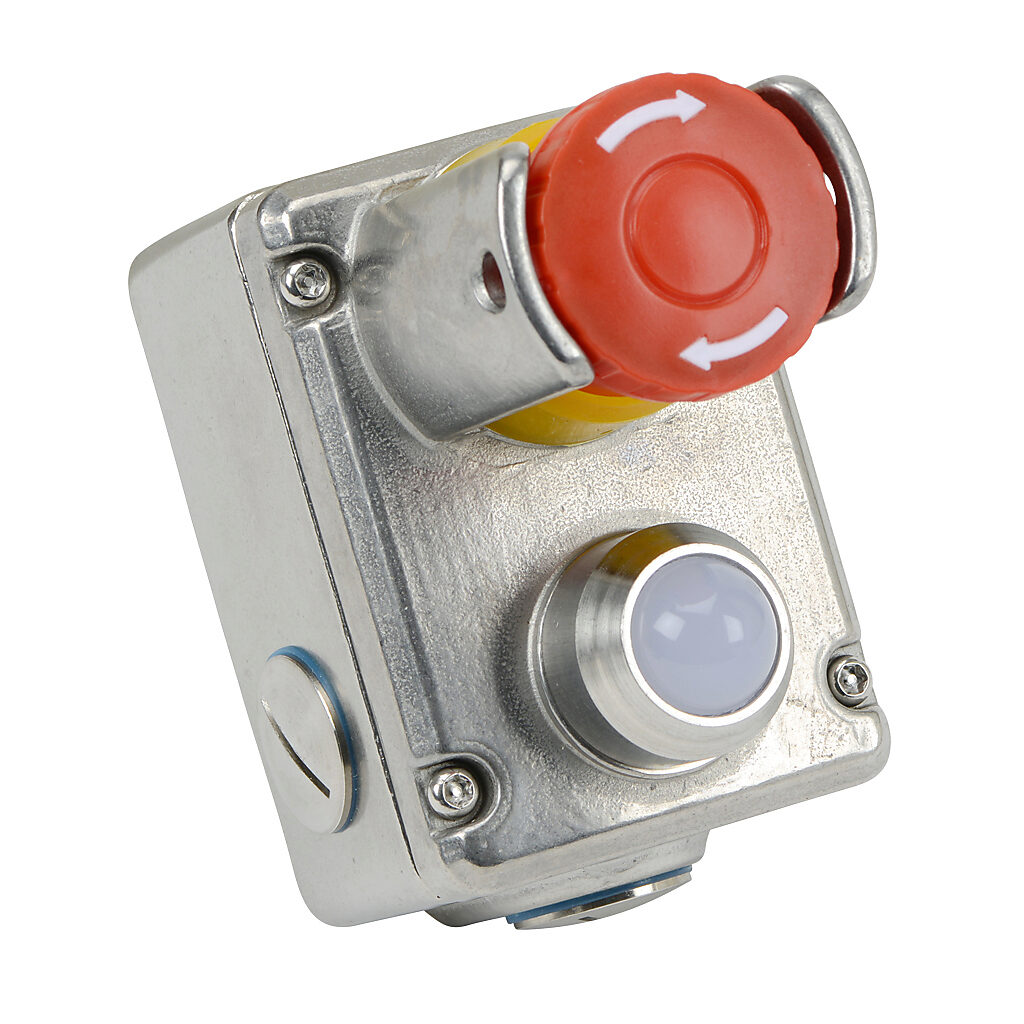 ESL-SSLP-232026-AS - IDEM emergency stop control station, 316 stainless steel, (1) pushbutton, mushroom, red, 24 VDC LED, red/green, twist-to-release, guarded and padlockable, (1) N.O./(3) N.C. contact(s).