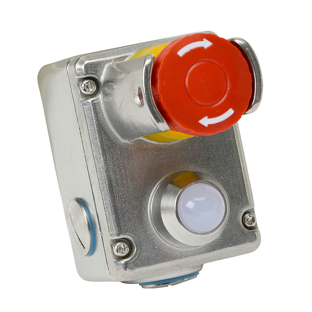 ESL-SSLP-232026-BS - IDEM emergency stop control station, 316 stainless steel, (1) pushbutton, mushroom, red, 110 VAC LED, red/green, twist-to-release, guarded and padlockable, (1) N.O./(3) N.C. contact(s).