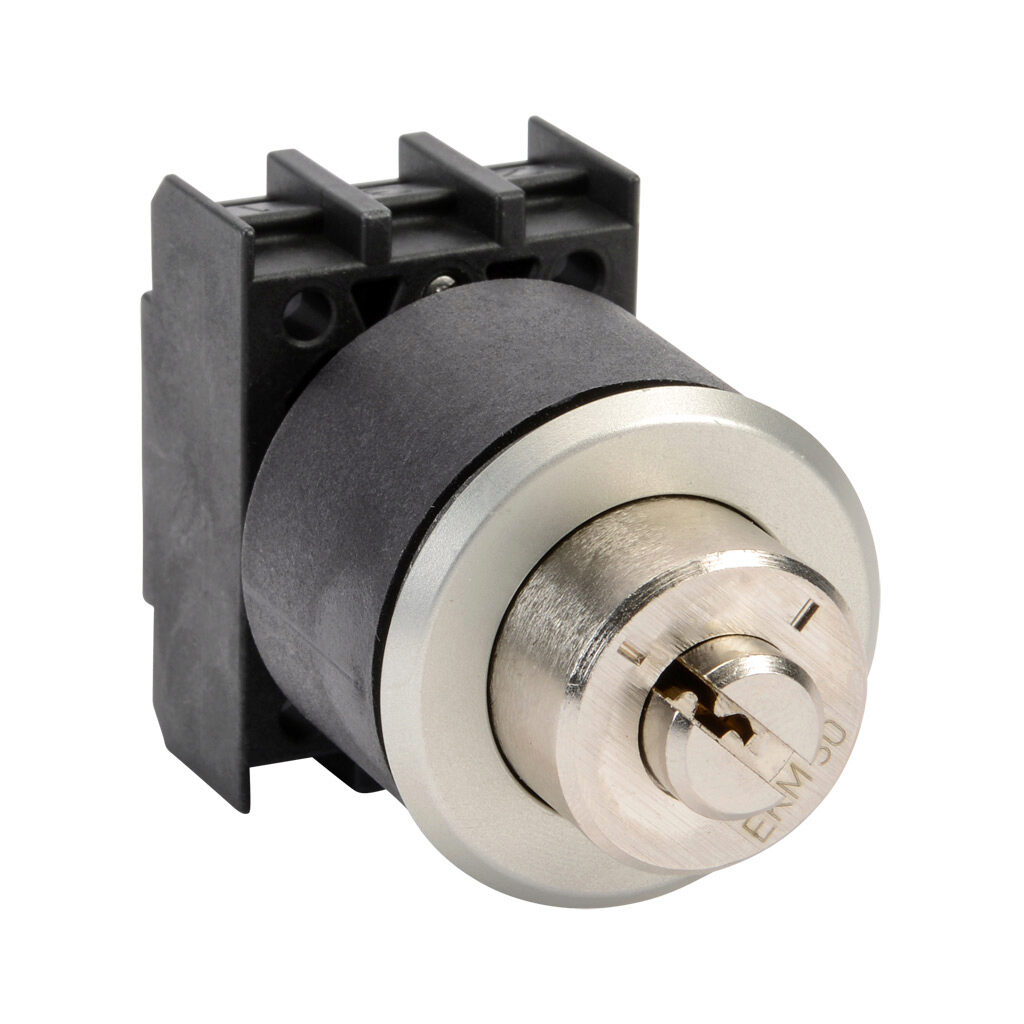 ESS21S12.V - Schmersal selector switch, IP65, 30mm, 2-position, maintained, key removable left and right position, operator only, plastic base, metal bezel, Operator: black, key-operated, 36mm, round, metal. Requires contact blocks.