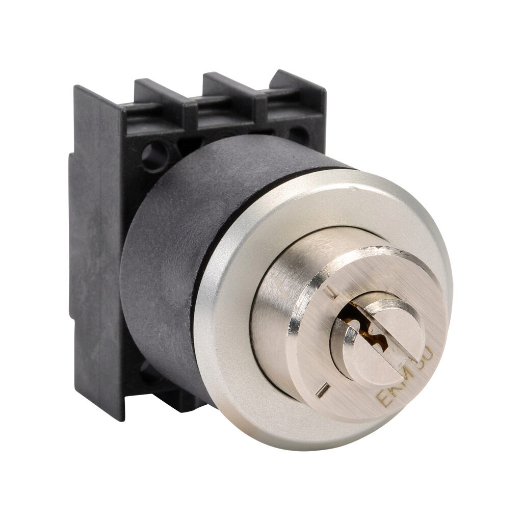ESS21S2.V - Schmersal selector switch, IP65, 30mm, 2-position, maintained, key removable right position, operator only, plastic base, metal bezel, Operator: black, key-operated, 36mm, round, metal. Requires contact blocks.