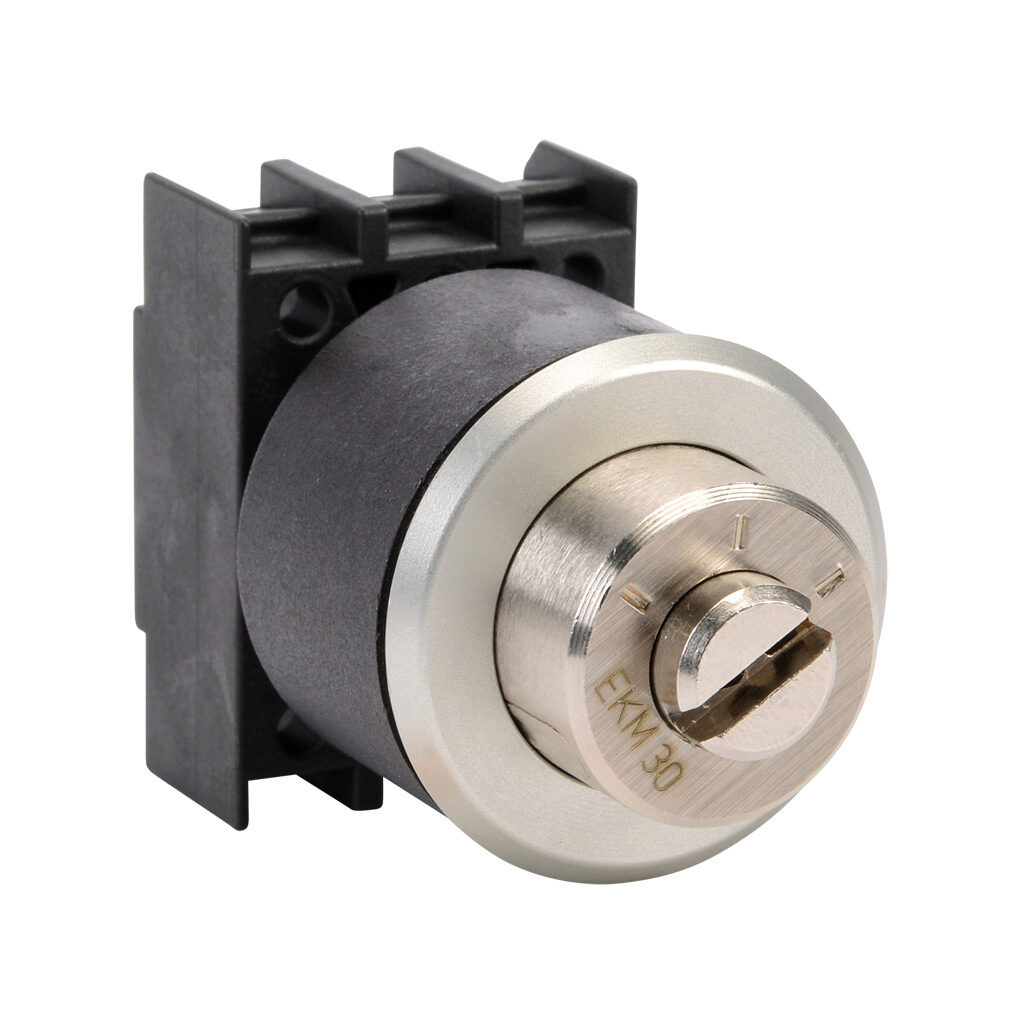 ESS32S3.V - Schmersal selector switch, IP65, 30mm, 3-position, maintained, key removable right position, operator only, plastic base, metal bezel, Operator: black, key-operated, 36mm, round, metal. Requires contact blocks.