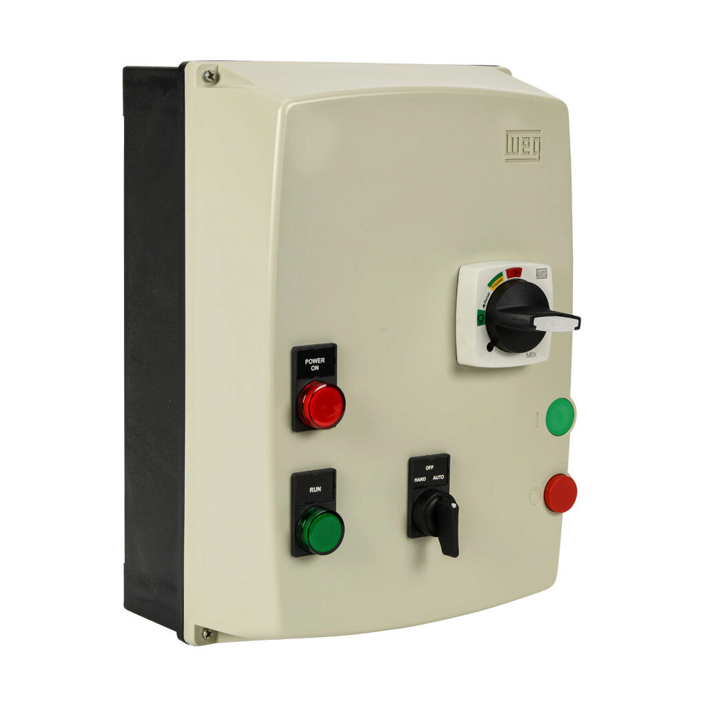 ESWE-B9V24KX-D06 - WEG Electric ESWE series combination Type-E motor starter, 9A, 3-pole, 208-240 VAC (60Hz)/180-208 VAC (50Hz) coil voltage, bi-metallic, 1.0-1.6A adjustable, 21A instantaneous trip rating, NEMA 4/4X.