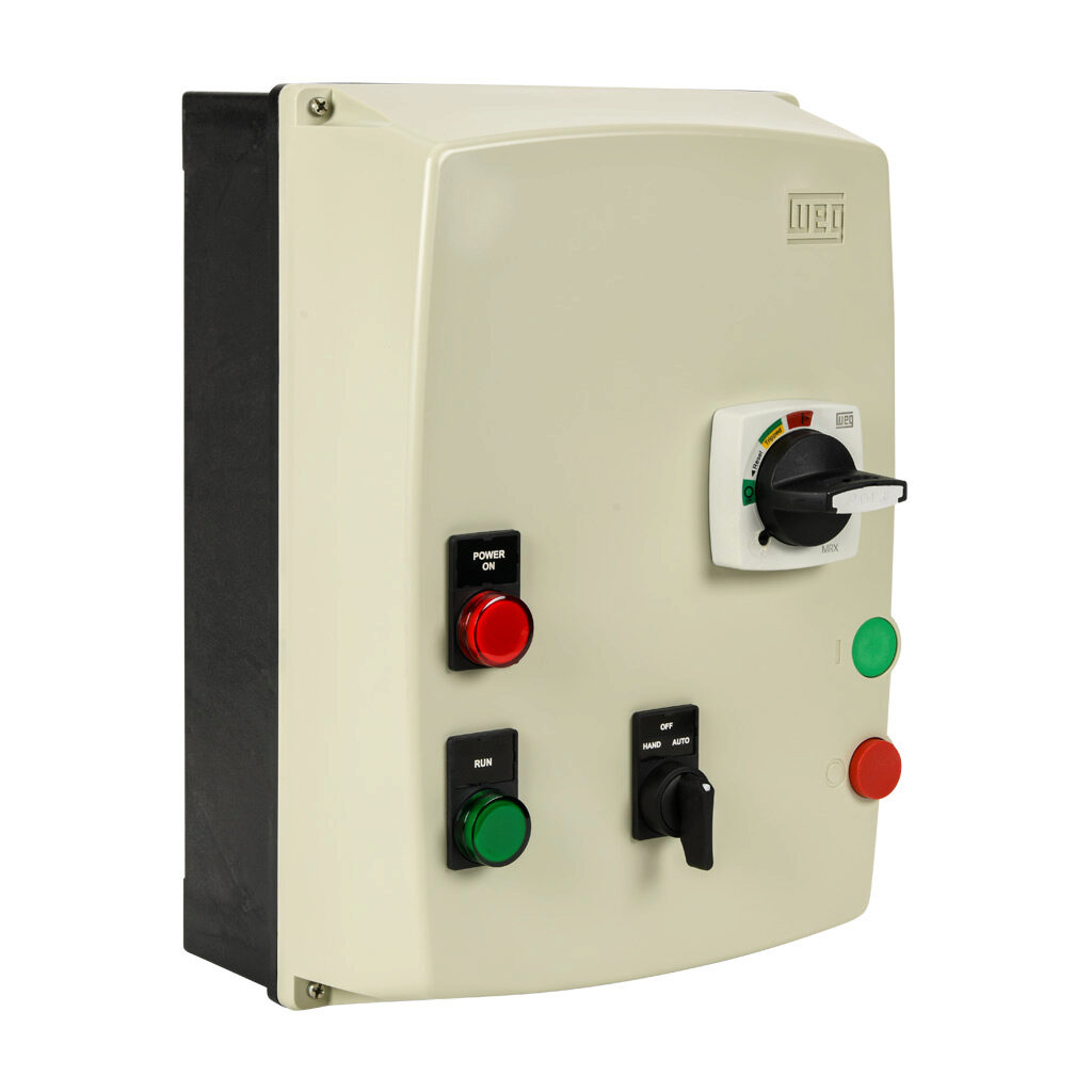 ESWE-B9V24KX-D08 - WEG Electric ESWE series combination Type-E motor starter, 9A, 3-pole, 208-240 VAC (60Hz)/180-208 VAC (50Hz) coil voltage, bi-metallic, 2.5-4.0A adjustable, 52A instantaneous trip rating, NEMA 4/4X.