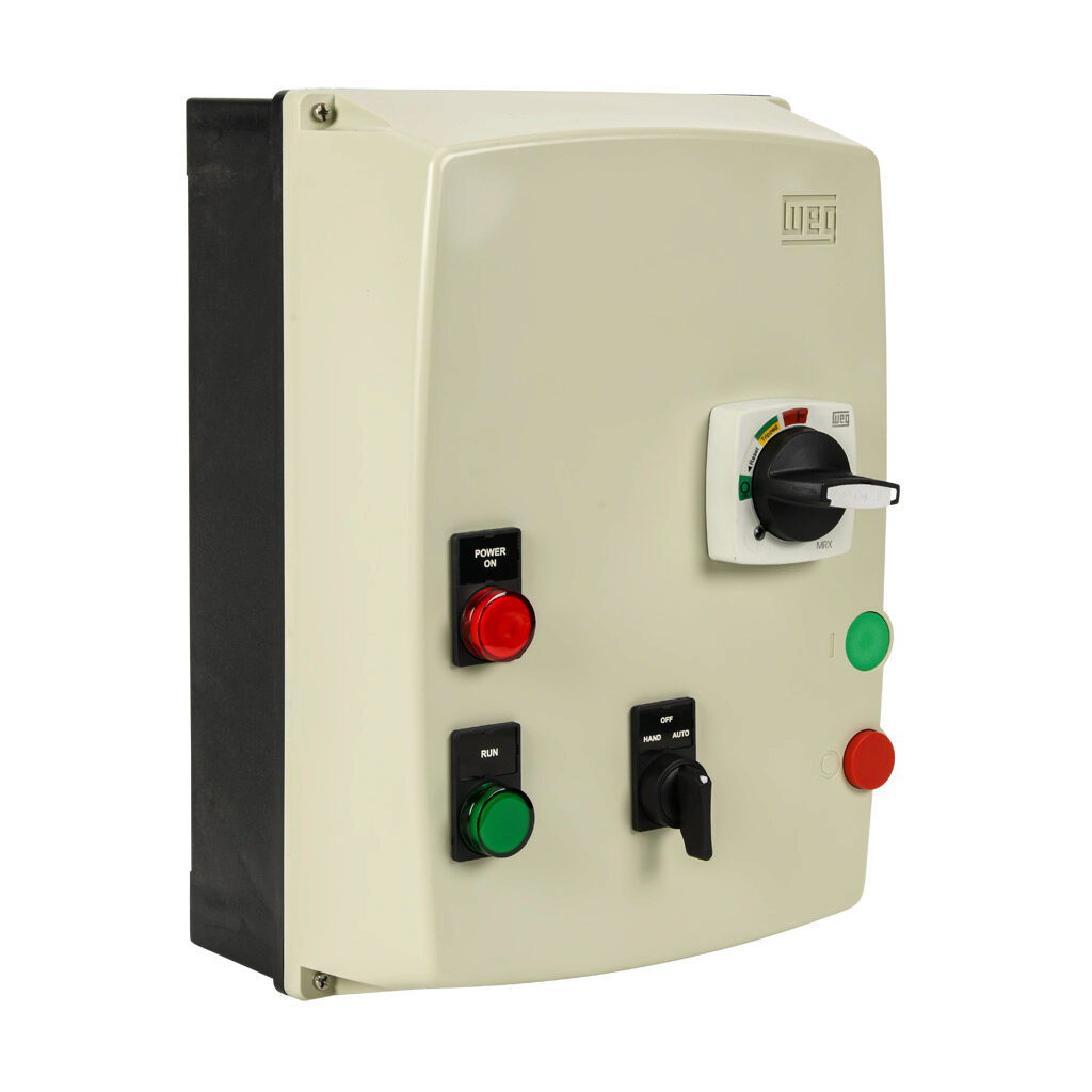 ESWE-B9V24KX-D10 - WEG Electric ESWE series combination Type-E motor starter, 9A, 3-pole, 208-240 VAC (60Hz)/180-208 VAC (50Hz) coil voltage, bi-metallic, 6.3-10.0A adjustable, 130A instantaneous trip rating, NEMA 4/4X.