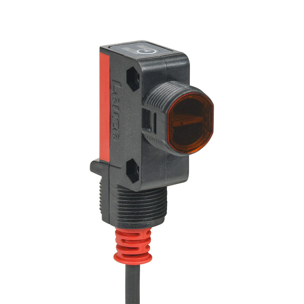 ET28.3-2N - Leuze photoelectric sensor, rectangular, diffuse, visible red, 1-650mm sensing distance, complementary light-on/dark-on, NPN, 500 Hz switching frequency, 57.7 x 15 x 37.3mm body, ABS plastic, pigtail.