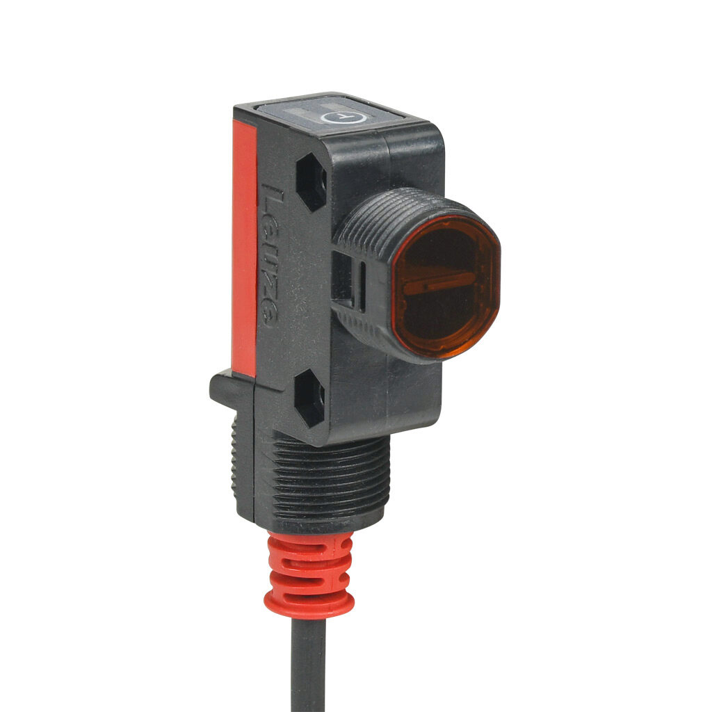 ET28.3-2N-200-M12 - Leuze photoelectric sensor, rectangular, diffuse, visible red, 1-650mm sensing distance, complementary light-on/dark-on, NPN, 500 Hz switching frequency, 57.7 x 15 x 37.3mm body, ABS plastic, 4-pin M12 quick-disconnect.