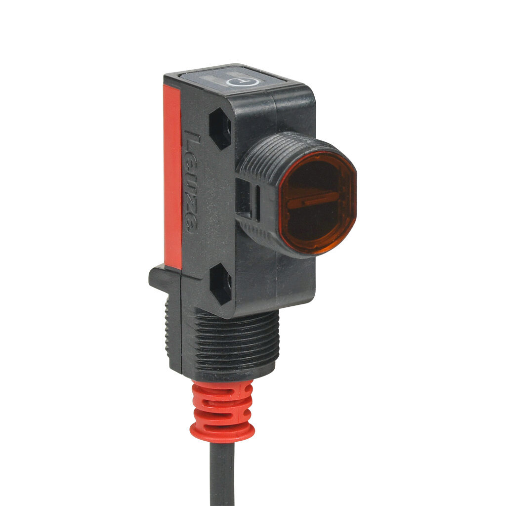ET28.3-4P-200-M12 - Leuze photoelectric sensor, rectangular, diffuse, visible red, 1-650mm sensing distance, complementary light-on/dark-on, PNP, 500 Hz switching frequency, 57.7 x 15 x 37.3mm body, ABS plastic, 4-pin M12 quick-disconnect.