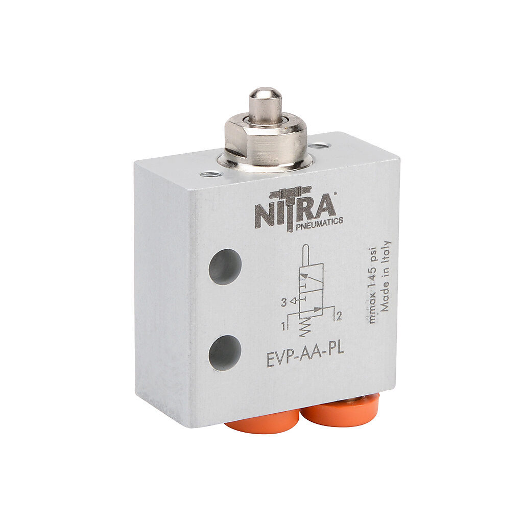 EVP-AA-PL - NITRA pneumatic manual valve, 2-port (3-way), 2-position, N.O., metal plunger, spring return, axial ports, (1) 5/32in (4mm) push-to-connect inlet(s), (1) 5/32in (4mm) push-to-connect outlet(s), (1) vent hole exhaust(s), Cv=0.13.