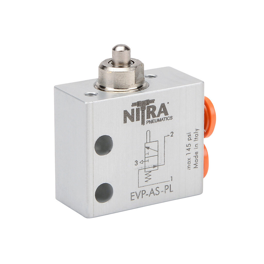 EVP-AS-PL - NITRA pneumatic manual valve, 2-port (3-way), 2-position, N.O., metal plunger, spring return, side ports, (1) 5/32in (4mm) push-to-connect inlet(s), (1) 5/32in (4mm) push-to-connect outlet(s), (1) vent hole exhaust(s), Cv=0.13.